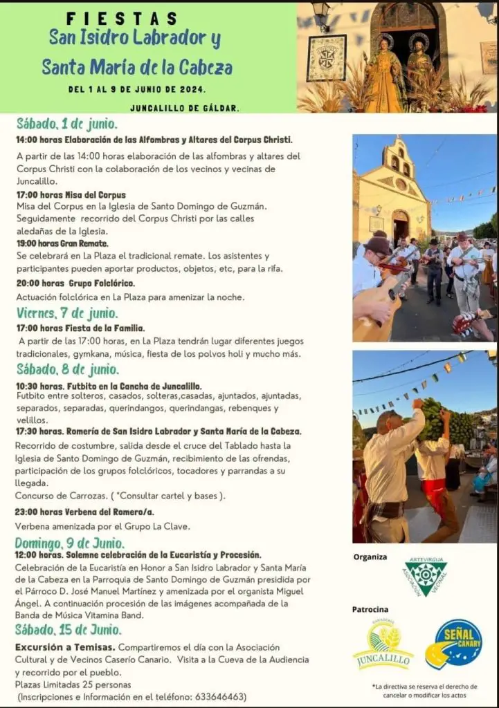 Fiestas de San Isidro Labrador y Santa María de la Cabeza 2024 en Juncalillo de Gáldar. Programación de actos y eventos.