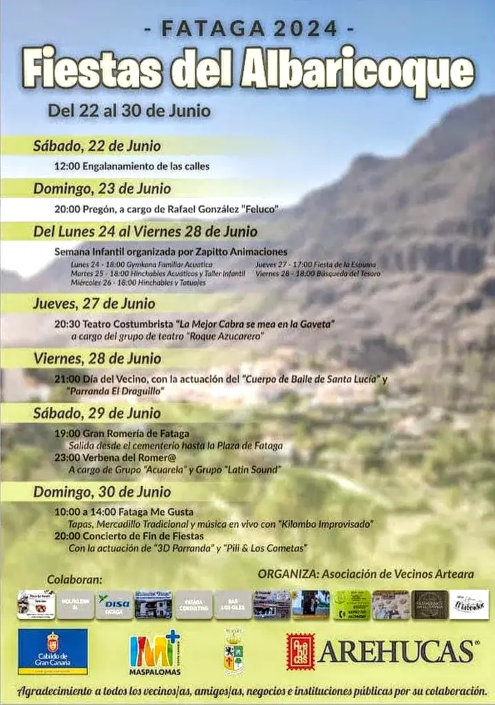 Fiestas del Albaricoque 2024 Fataga. Del 22 al 30 de Junio, la programación completa de las fiestas con los horarios.