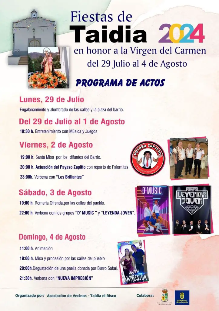 Fiestas Taidia en honor a la Virgen del Carmen 2024. Actividades y Eventos destacados de las Fiestas con Fechas y Horarios.