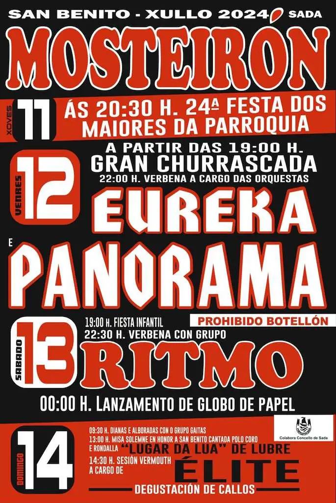 Fiestas de San Benito de Mosteirón en Sada 2024. Programación de eventos y actividades con fechas del 11 al 14 de julio